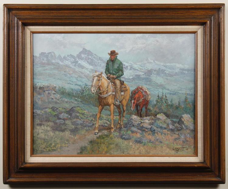 FRED OLDFIELD (1918- , WA) OIL ON CANVAS - Signed painting, titled "One Jump Ahead of Winter," depicting a man on horseback on a tra... sold by Pacific Galleries, lot 76 — auction record photograph