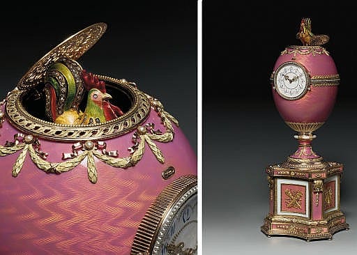 A Jewelled Vari-Coloured Gold-Mounted And Enamelled Egg On Plinth, INCORPORATING A CLOCK AND AN AUTOMATON comparable sale