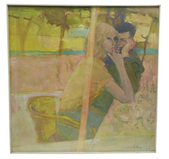Bernard D'Andrea comparable auction result: bernard d andrea american b 1923 oil on canvas dinner date 19 62 depicting male and female couple sitting at a table fem