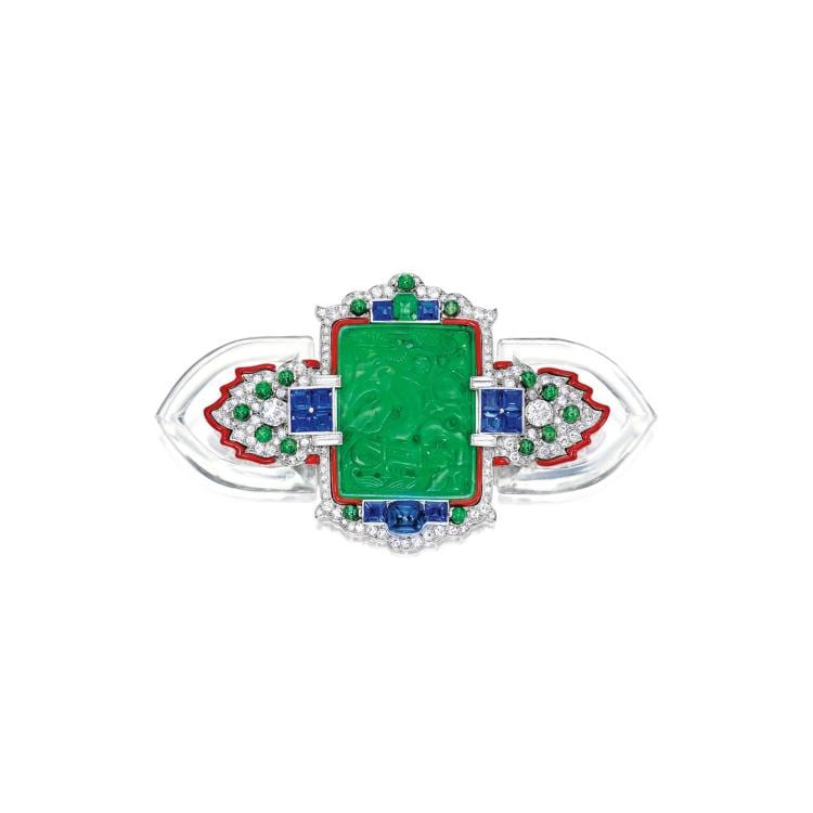 Important Art Deco Jadeite, ENAMEL, GEM-SET AND DIAMOND BROOCH, CARTIER, CIRCA 1927 comparable sale