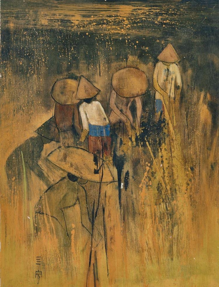 Painting of three people harvesting in a field, shown in earthy browns and blues with textured brushwork.