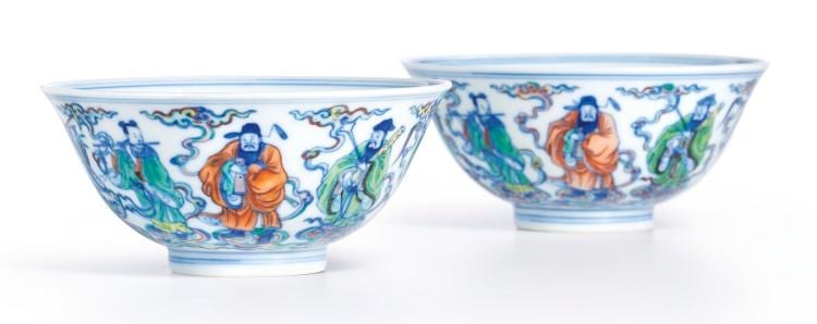 A Fine And Superbly Enamelled Pair OF DOUCAI 'EIGHT IMMORTALS' BOWLS MARKS AND PERIOD OF YONGZHENG | comparable sale