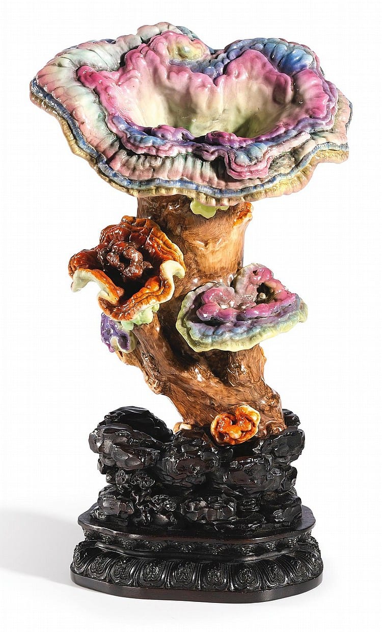 An Extremely Rare And Brilliantly Enamelled FAMILLE-ROSE 'LINGZHI' WALL VASE SEAL MARK AND PERIOD OF QIANLONG | comparable sale