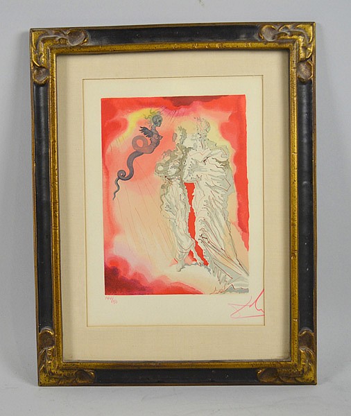 SALVADOR DALI (SPANISH 1904-1989) ''DEVINE COMEDY, DANTE ALIGHIERI'' 144/150 - bois black cut print limited edition 144/150; signed Salvador Dali, Published by The collectors Guild Ltd with paper label on back; 12''H x 9''W - Condition: Age sold by Dargate Auction Galleries, lot 1459 — auction record photograph