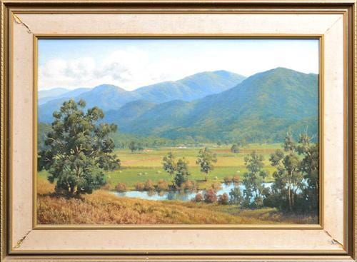 Olga Claire Garner comparable auction result: olga claire garner 1943 hillside pastures near yea victoria 50 x 75cm