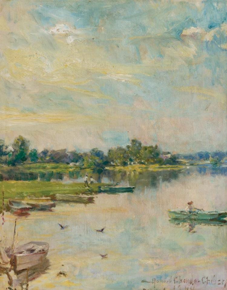 HOWARD CHANDLER CHRISTY, American (1873-1952), Afternoon on the Lake, oil on canvas, signed and dated 1944 lower right., 16 x 20 sold by Shannon's, lot 275 — auction record photograph
