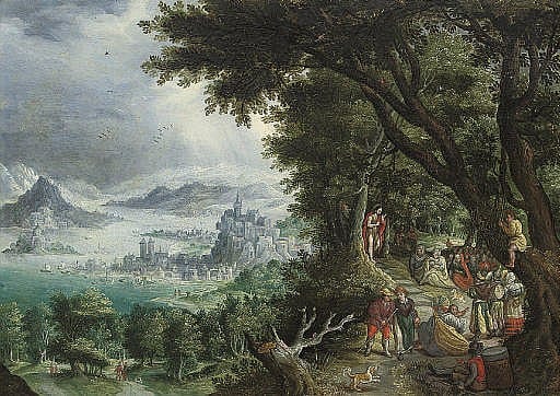 Gillis Mostaert comparable auction result: an extensive mountainous landscape with the predication of saint john the baptist