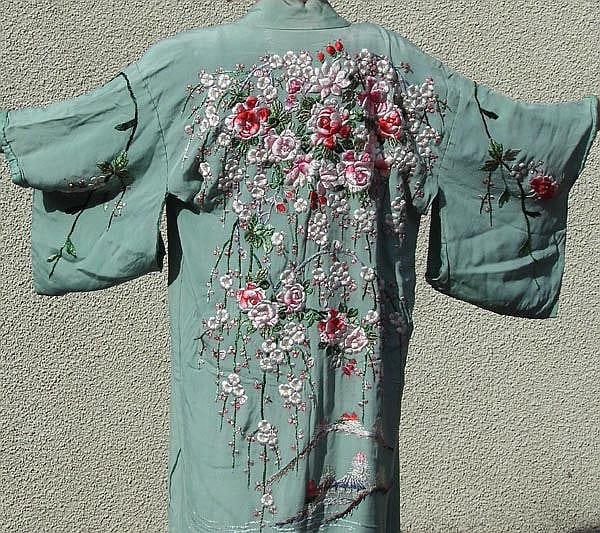 Kimono. A hand embroidered silk kimono, early 20th century, pale green silk ki sold by Dominic Winter Auctions, lot 143 — auction record photograph