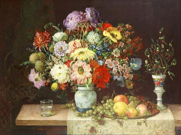 A still life painting showing a bouquet of colorful flowers in a blue vase with fruit and a glass on a table, with another vase on the right.