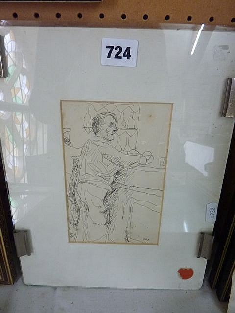 Józef Czapski comparable auction result: an ink caricature study of a man standing at a bar with indistinct monogram bott