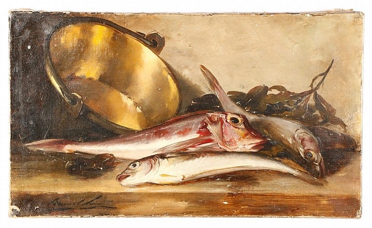 Brunel Neuville comparable auction result: brunel neuville french still life w fish signed