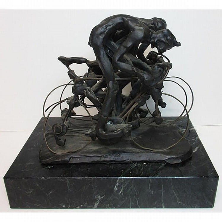 Julius Damasdy comparable auction result: julius damasdy canadian 1937 three cyclists bronze and wire mounted to marble base no visible signature 6 3 x 8 x 5 5