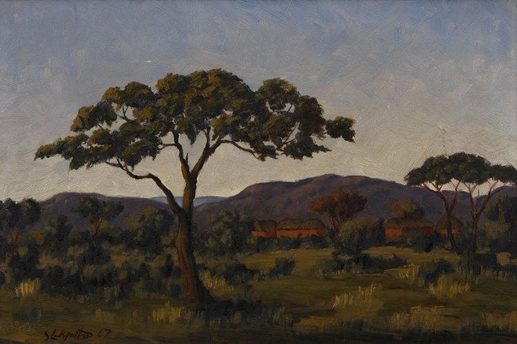 Simon Moroke Lekgetho comparable auction result: simon moroke lekgetho south african 1929 1985 huts and trees in a landscape signed and dated 67 oil on board 30 by 45cm