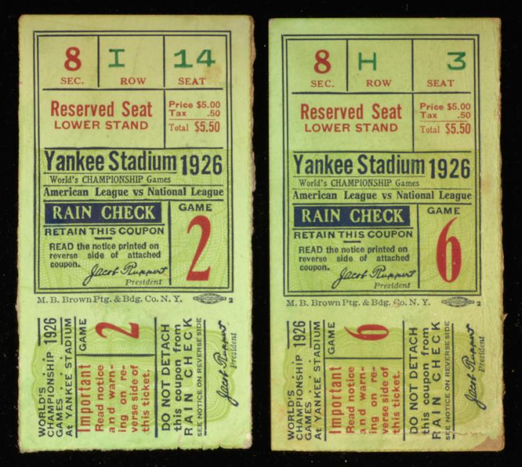 1926 World Series ticket stubs (Games 2 and 6) sold by Hunt Auctions, lot 272 — auction record photograph