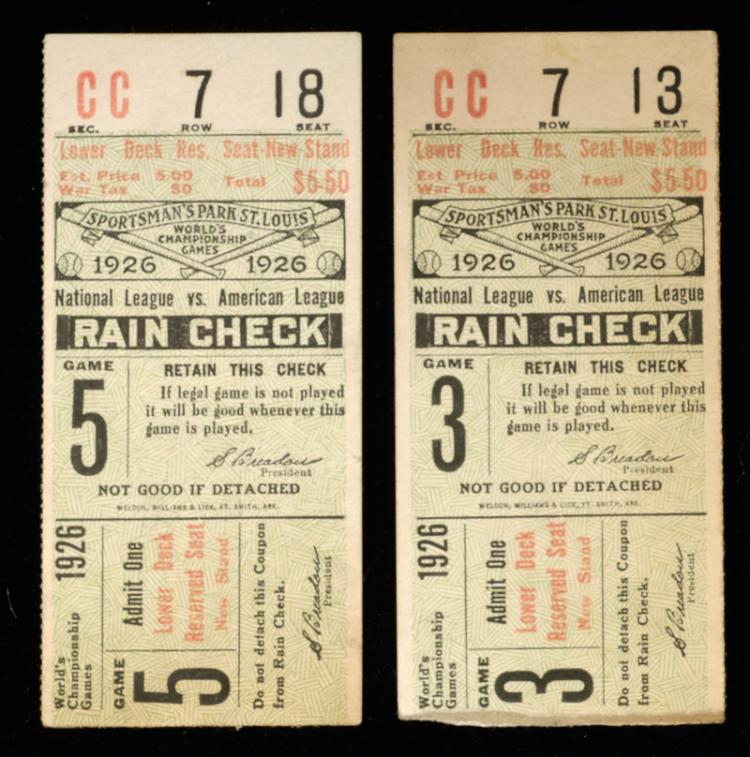 1926 World Series ticket stubs (Games 3 and 5) sold by Hunt Auctions, lot 275 — auction record photograph
