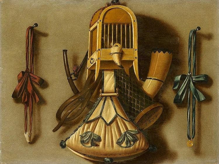 Johannes Leemans comparable auction result: johannes leemans trompe l oeil with a bird cage and hunting equipment