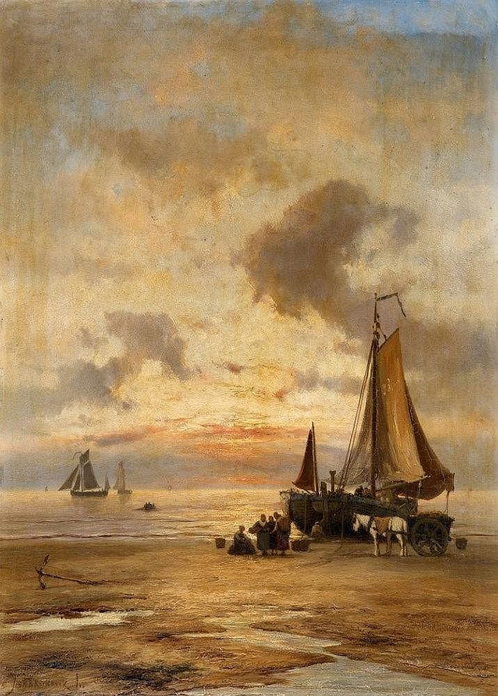 Johannes Herman Barend Koekkoek comparable auction result: johannes herman barend koekkoek coastal landscape at evening with fisherwomen and a cart