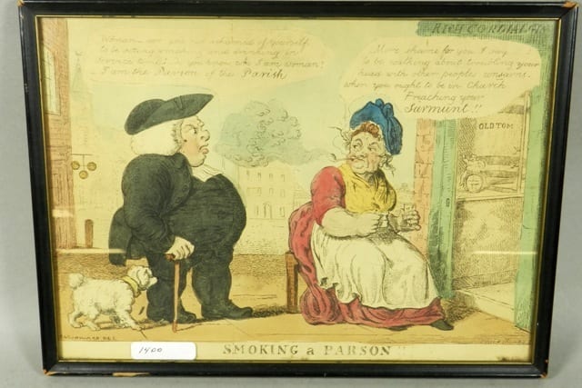 Framed, hand-colored engraving-style print showing two seated men in period clothing on a street near a tall doorway and a small dog at left.