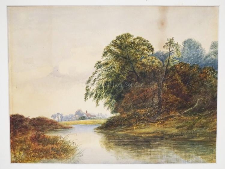 Edward Beecham Lait comparable auction result: edward beecham lait xix watercolor painting of a river lined by trees with a house in the distance some staining signed lower left e lait 11 1 2 x 8 3 4 inches unframed
