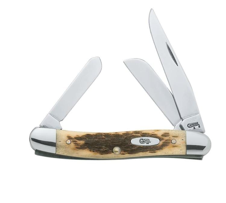 Closed pocket knife with two silver blades folded into a wooden handle with decorative oval inlay and rivets.