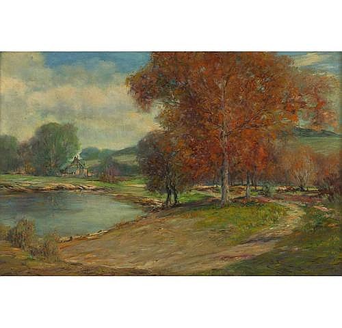 Autumn landscape painting with orange trees beside a river, a grassy bank, and a distant farmhouse.
