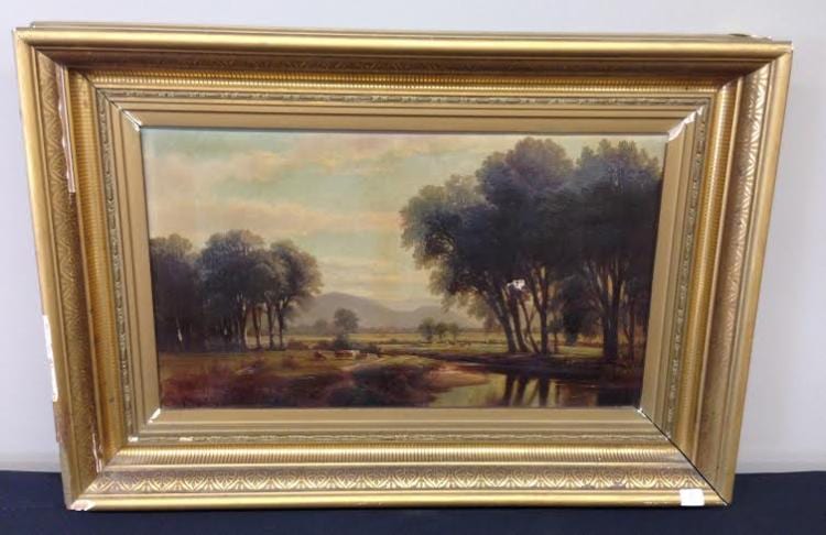 Benjamin Champney, New Hampshire Landscape painting. Cows along the Saco River. Oil on Canvas. Original frame. Signed B. Champney L.L. Possibly dated 68. Signed on stretcher also. Dime size puncture and 1/4" puncture on right tree line. Buckling of canvas in areas of heavy brown. Original condition. Frame as is. Sight size- 12" x 20". Overall size 18-1/4" x 26-1/4". sold by Tremont Auctions, lot 8 — auction record photograph