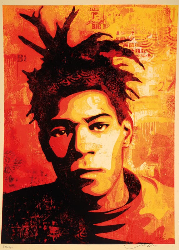Color screenprint showing a stylized portrait of a man in red, orange, yellow, and black with a large black hands-like silhouette behind his head.