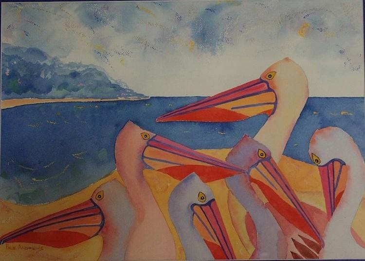 Prue Andrews comparable auction result: prue andrews 1956 australia water birds in harbour watercolour signed lower left 32cm x 45cm