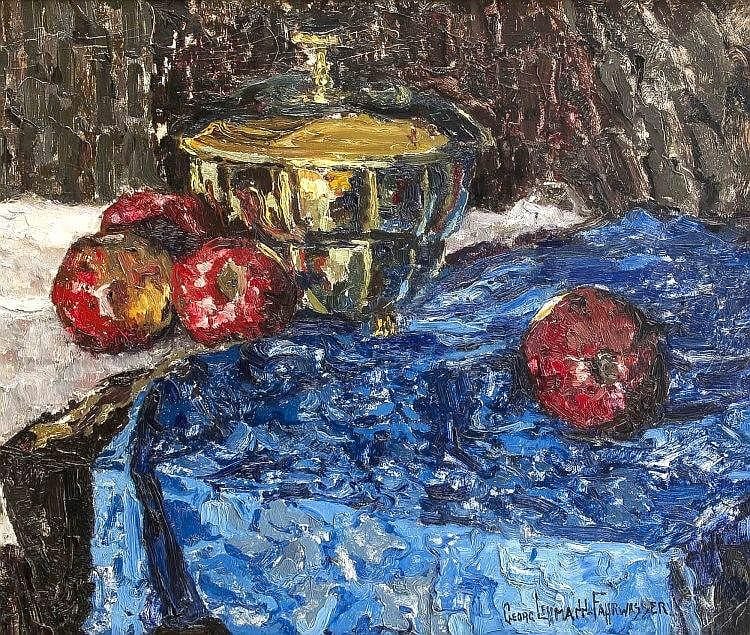 Georg Lehmann-Fahrwasser comparable auction result: georg lehmann fahrwasser 1887 1977 berliner landschaftsmaler stillleben mit messingdose und pfeln l malkarton u re sign 50 x 60 cm ger 60 x 70 cm