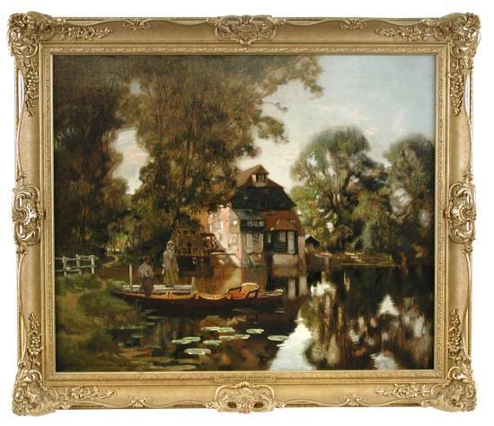 John Lochhead comparable auction result: john lochhead british 1866 1921 houghton mill huntingdon with a couple punting in the foreground signed lower left john lochhe