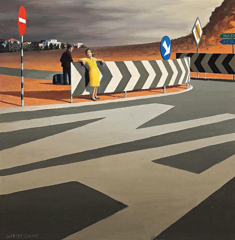 JEFFREY SMART, 1921 – 2013, STUDY FOR WAITING WOMAN, NAPLES TURNOFF, 1969-70, oil on canvas on board sold by Deutscher and Hackett, lot 25 — auction record photograph