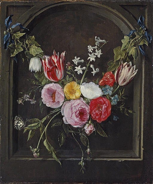 Jan van (1626) Kessel comparable auction result: a swag of flowers hanging in a niche