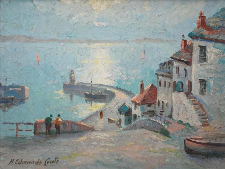 Harry Edmunds Crute comparable auction result: harry edmunds crute british 1888 1975 european waterside village oil on board 22 x 28cm
