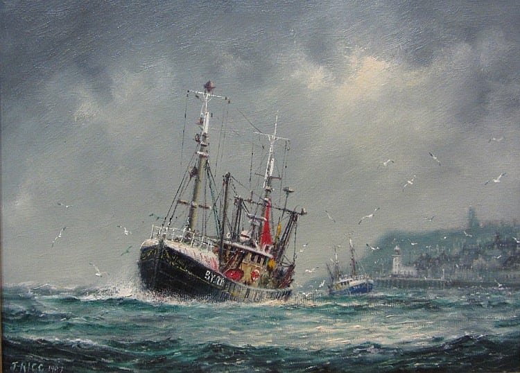 Jack Rigg comparable auction result: jack rigg british 1927 going fishing oil on board signed and dated 1987 titled and signed verso 29cm x 39cm dds artist s resale rights may apply to this lot