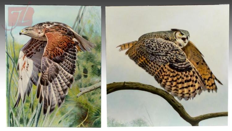 Ed Copley comparable auction result: ed copley 1944 owl hawk painting pair