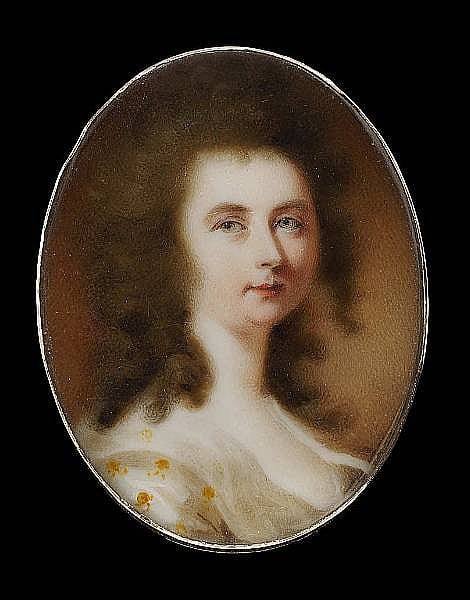 Joseph Daniel comparable auction result: joseph daniel british circa 1760 1803 a lady wearing white silk dress decorated with yellow floral motif white fichu and ribbon in her chestnut hair