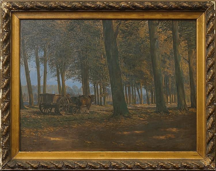 Fernand Gaudfroy comparable auction result: fernand gaudfroy belgian 1885 1964 horse and cart in a woodland copse at