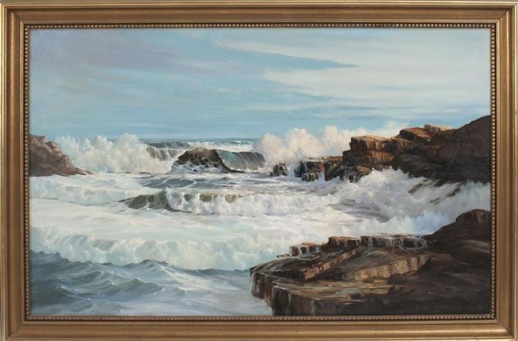 Robert Wheeler comparable auction result: robert wheeler massachusetts 20th century a bit of bass rocks e gloucester mass oil on canvas 30 x 47 75 framed 35 25 x