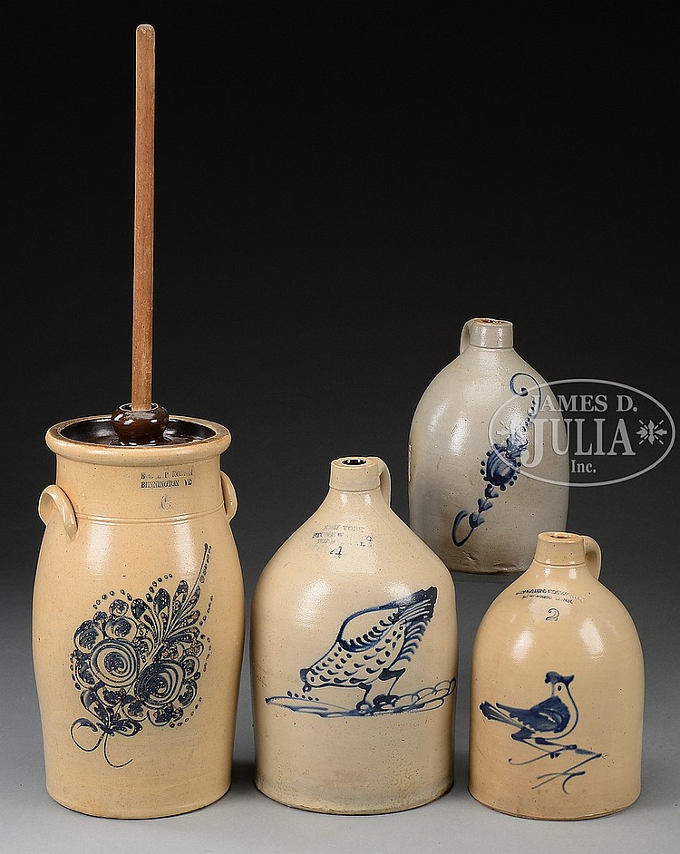 THREE DECORATED STONEWARE JUGS AND BUTTER CHURN. sold by James D. Julia, lot 2251 — auction record photograph