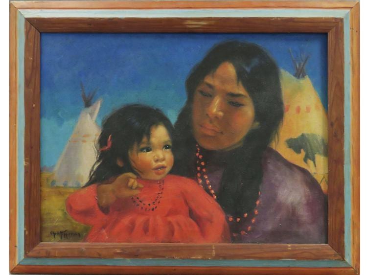 Gerda Christoffersen comparable auction result: gerda christoffersen early 20th century oil on canvas illustration apache mother and child signed 18 x 24 framed 23 1 4 x 29 1 4