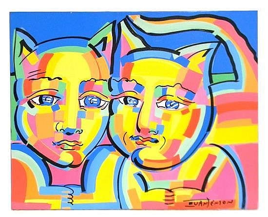 Ivan Jenson comparable auction result: ivan jenson american 1962 oil on canvas cats abstract depiction of two masculine looking figures with cat ears comprised of