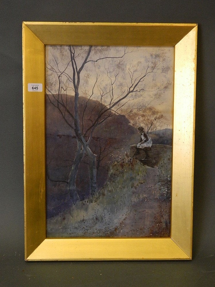 Hubert Coop comparable auction result: hubert coop signed watercolour landscape with girl seated on a stone brid