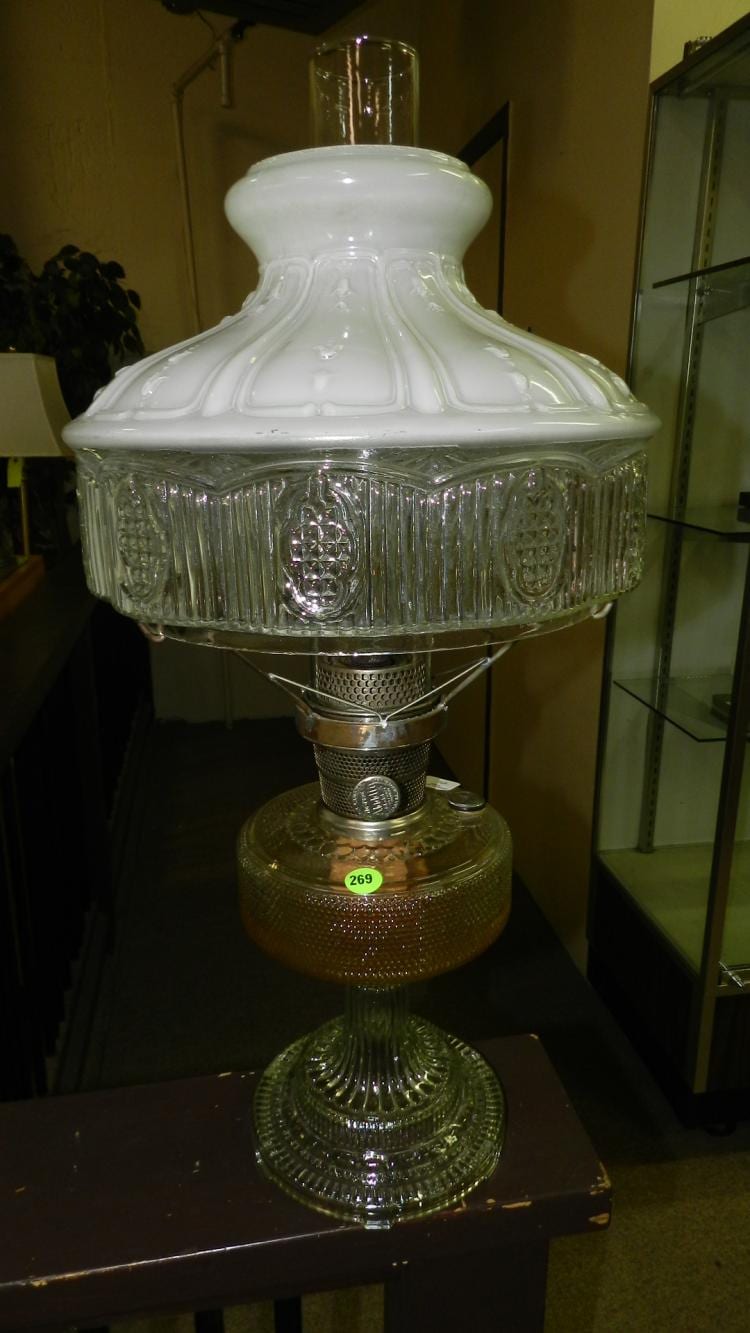 Original vintage Aladdin oil lamp with glass shade, model A sold by Hamiltons Antique & Estate Auctions Inc., lot 269 — auction record photograph