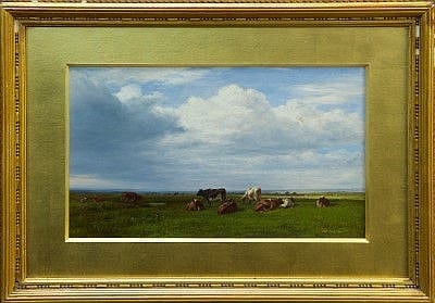 William Luker comparable auction result: william luker 1828 1905 oil on board cattle grazing in extensive landscape signed with monog
