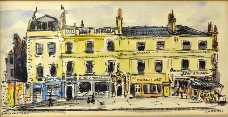 Sydney Arrobus comparable auction result: sydney arrobus swiss cottage signed pen and watercolour 12 5cm x 24 5cm artist s label verso