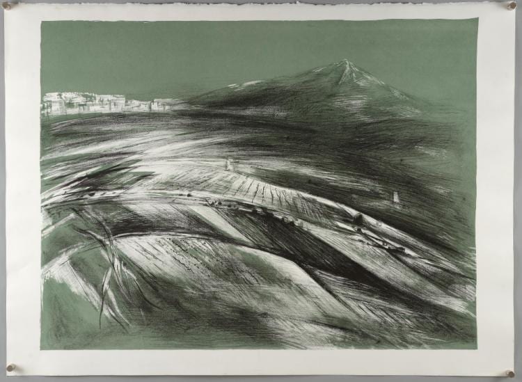 Evelyn Gibbs comparable auction result: evelyn gibbs 1905 1991 landscape with hill in the distance unsigned curwen studio proof stamp verso lithograph 56 5cm x 77cm