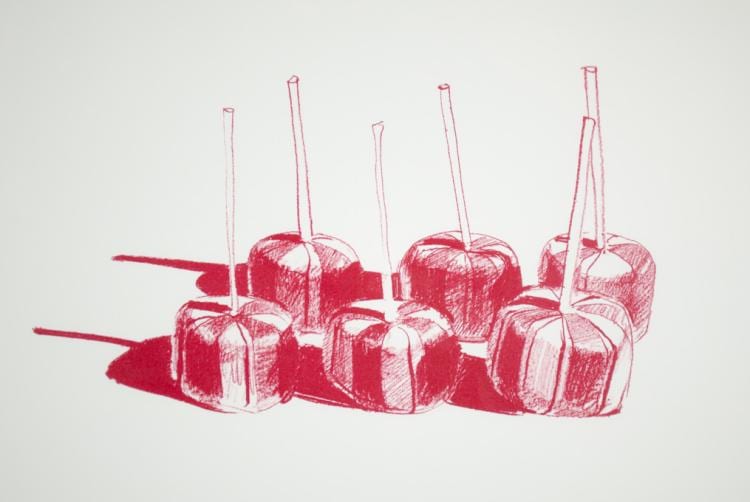 Red lithograph-style drawing of stacked round pastries or cakes with vertical candle-like outlines on a white background.