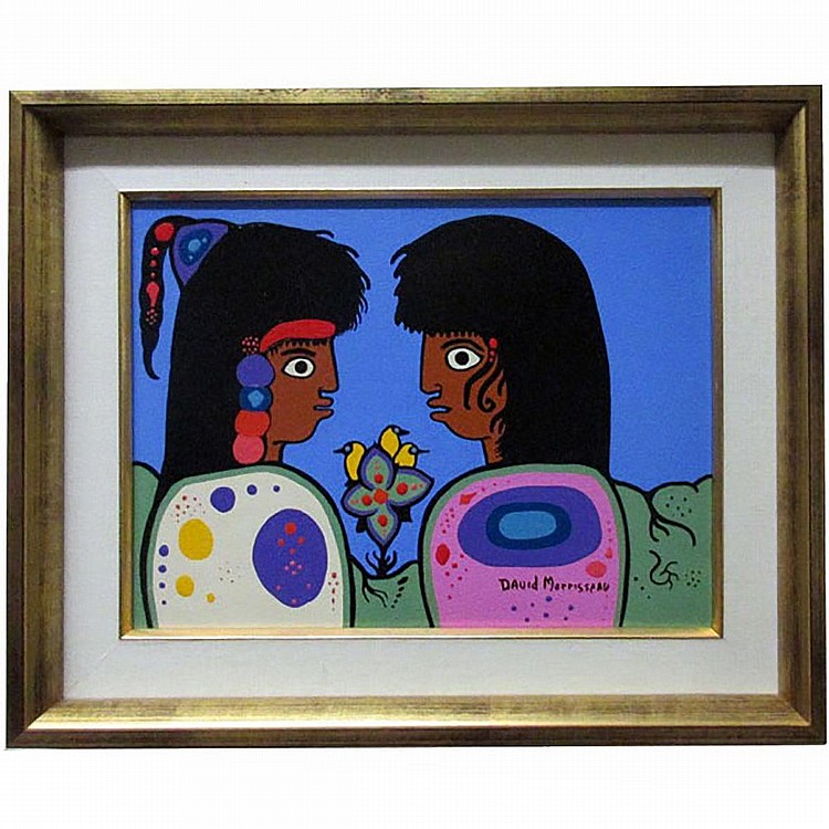 David Morrisseau comparable auction result: david morrisseau native canadian 1961 couple making friendship acrylic on canvas signed lower right signed titled and dated aug 24 02 verso 9 x 12 22 9 x 30 5 cm
