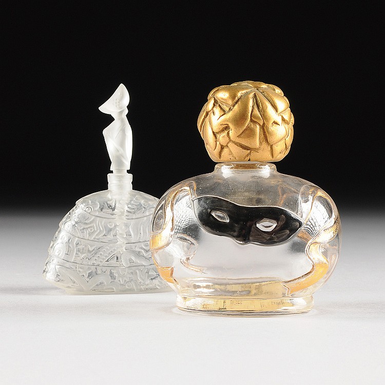 TWO VINTAGE GLASS DESIGNER PERFUME BOTTLES, CIRCA FIRST HALF 20TH CENTURY, sold by Simpson Galleries, LLC, lot 378 — auction record photograph
