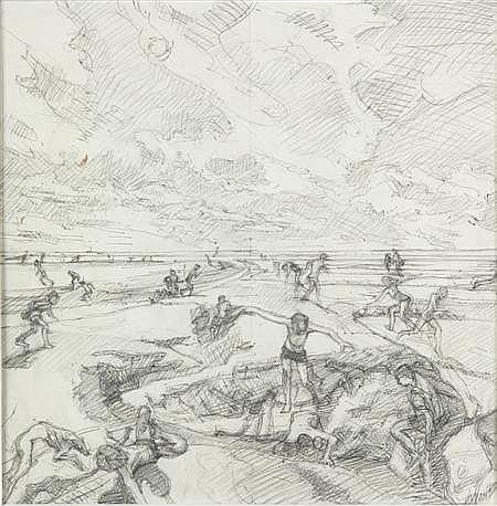John Wonnacott comparable auction result: john wonnacott b 1940 estuary mud flat boy leaping 1986 8 30 5cm x 30 5cm 12in x 12in